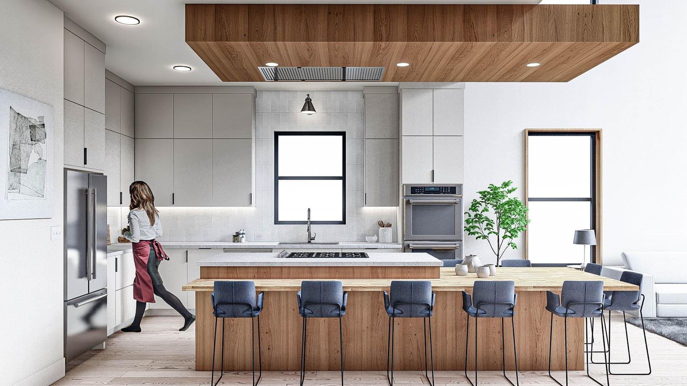 Interior, Kitchen, Pendant Lights, Recessed Lighting, Stainless Steel Appliances, Wooden Ceilings, Wood Texture Flooring