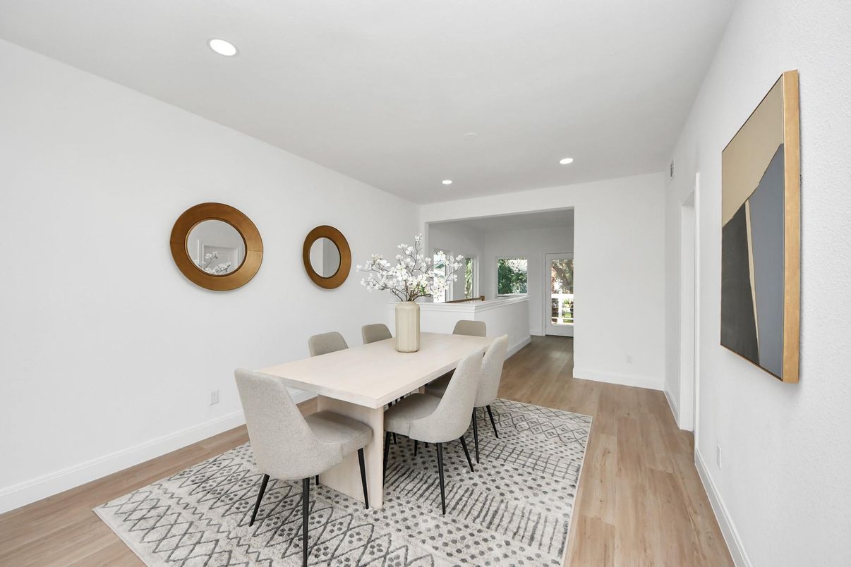 Dining room, Interior, Recessed Lighting, Wood Texture Flooring