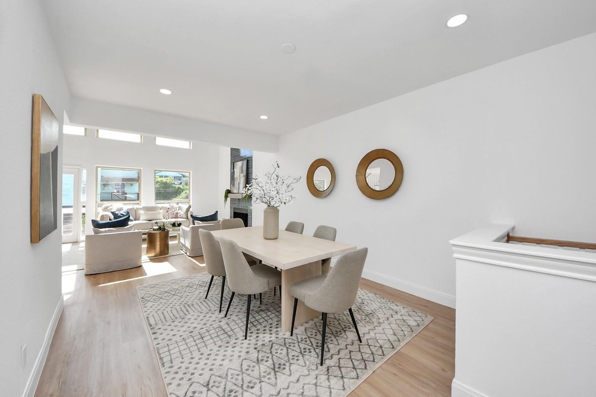 Dining room, Interior, Living room, Recessed Lighting, Wood Texture Flooring