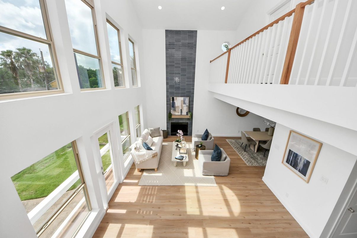 Dining room, Fireplace, Interior, Living room, Recessed Lighting, Wood Texture Flooring