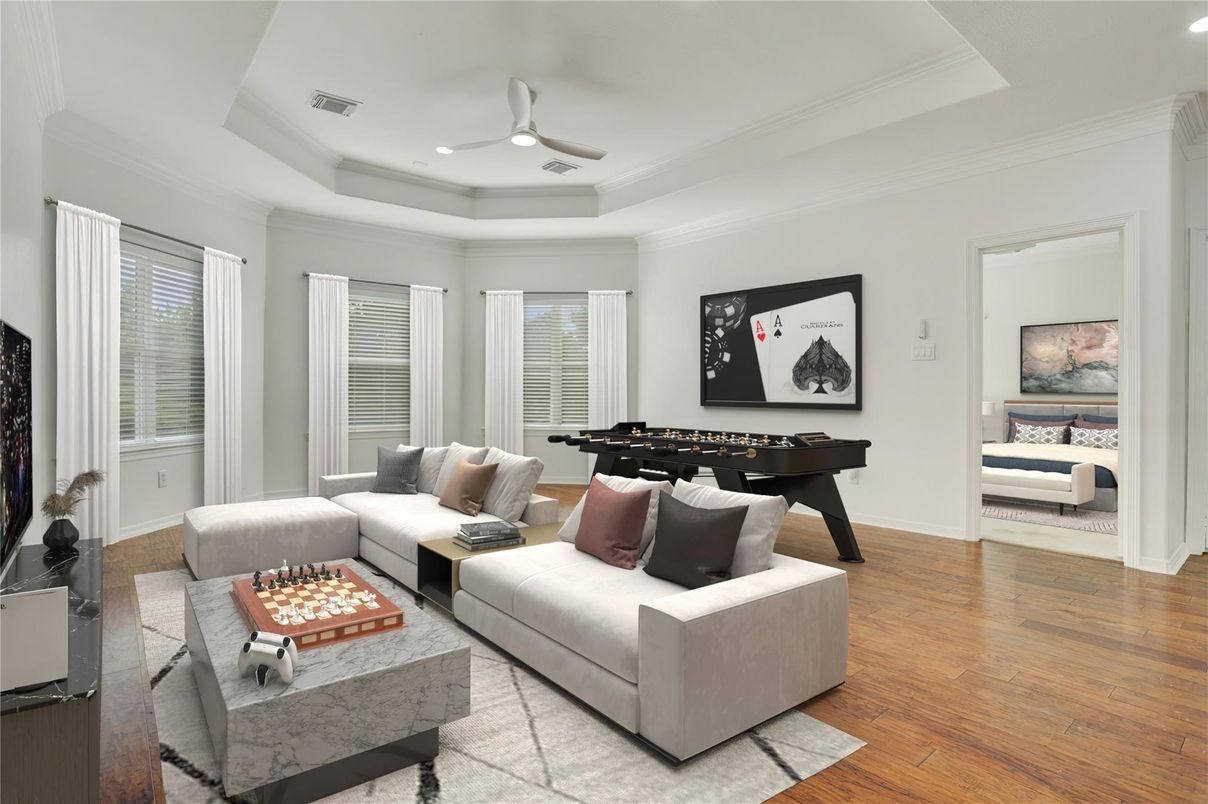 Game Room, Interior, Living room, Recessed Lighting, Wood Texture Flooring