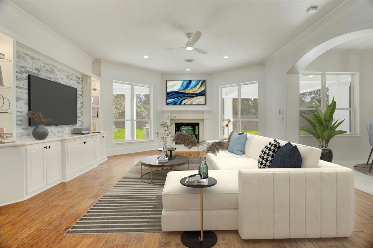 Fireplace, Interior, Living room, Recessed Lighting, Wood Texture Flooring