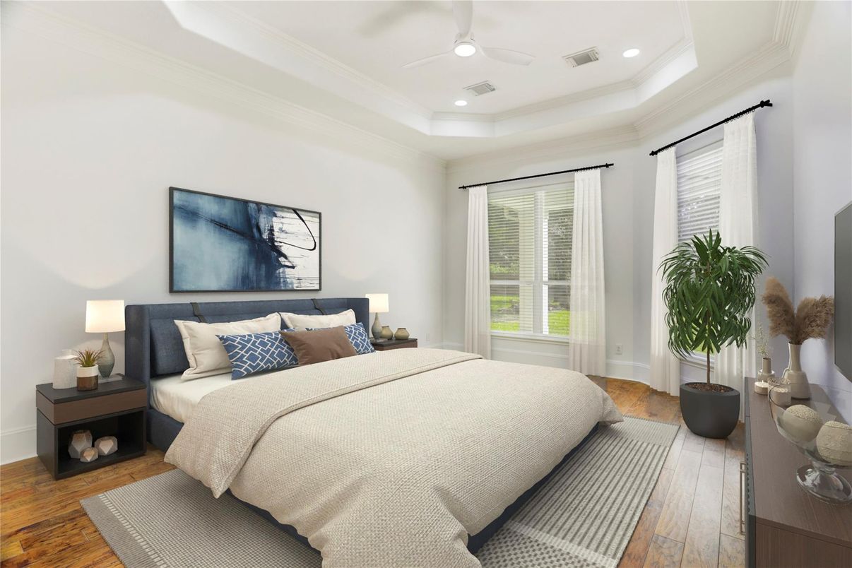 Bedroom, Interior, Recessed Lighting, Wood Texture Flooring