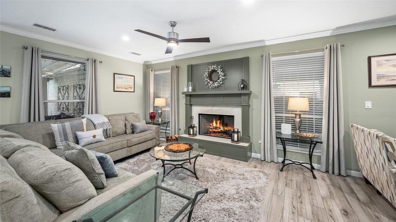 Fireplace, Interior, Living room, Recessed Lighting, Wood Texture Flooring