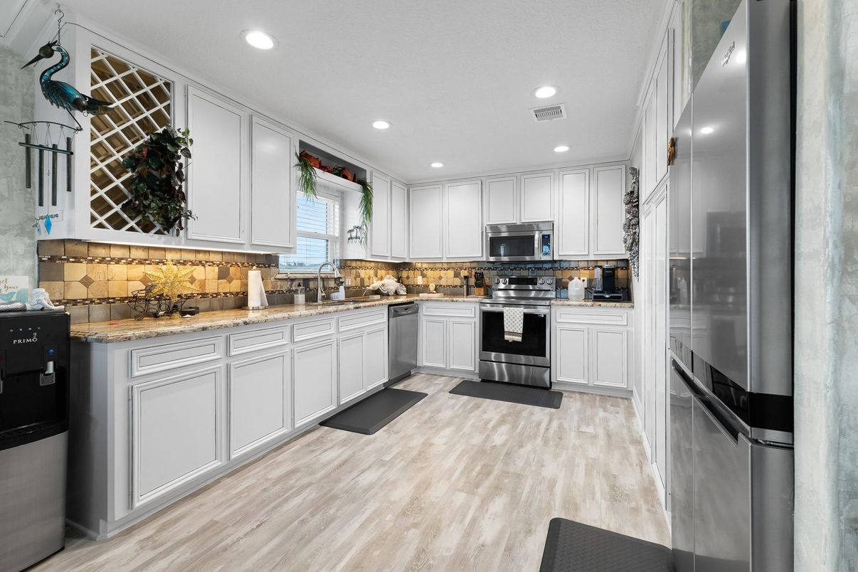Interior, Kitchen, Recessed Lighting, Stainless Steel Appliances, Wood Texture Flooring