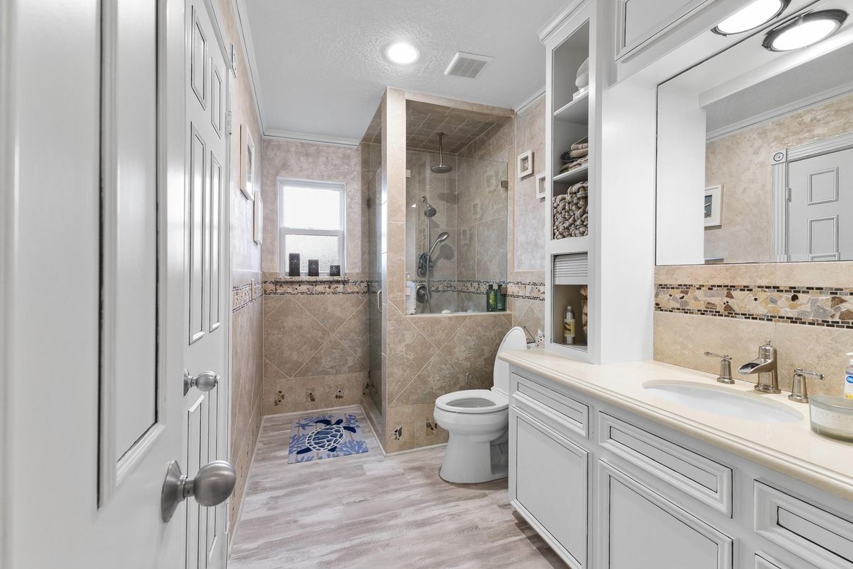 Bathroom, Glass Shower, Interior, Recessed Lighting, Wood Texture Flooring