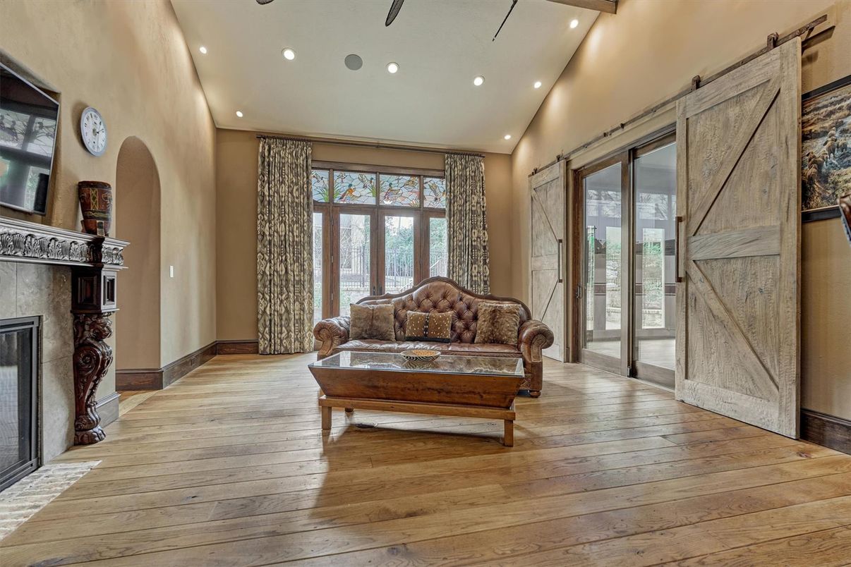 Fireplace, Interior, Recessed Lighting, Wood Texture Flooring