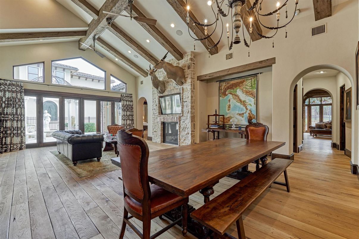 Chandelier, Dining room, Fireplace, Interior, Living room, Recessed Lighting, Wooden Beams, Wood Texture Flooring