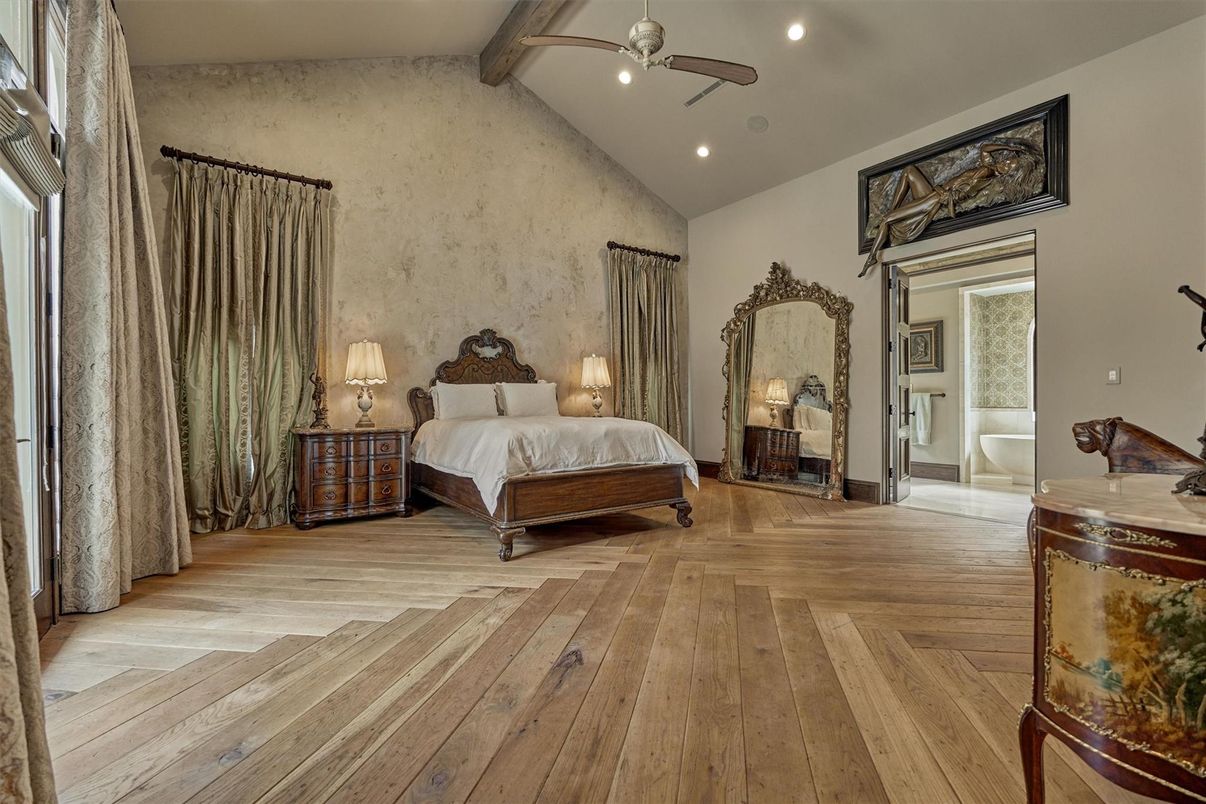 Bedroom, Interior, Recessed Lighting, Wooden Beams, Wood Texture Flooring