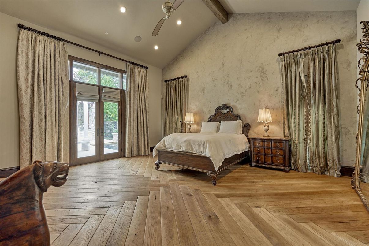 Bedroom, Interior, Recessed Lighting, Wooden Beams, Wood Texture Flooring