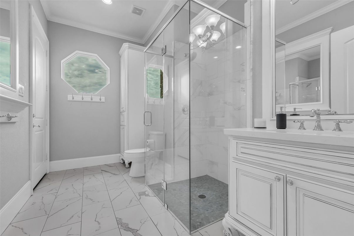 Bathroom, Glass Shower, Interior, Marble, Marble Walls, Recessed Lighting