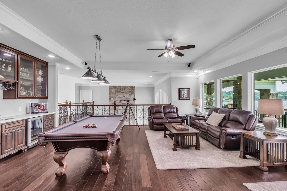 Billiard Table, Game Room, Interior, Living room, Pendant Lights, Recessed Lighting, Stone Walls, Wood Texture Flooring