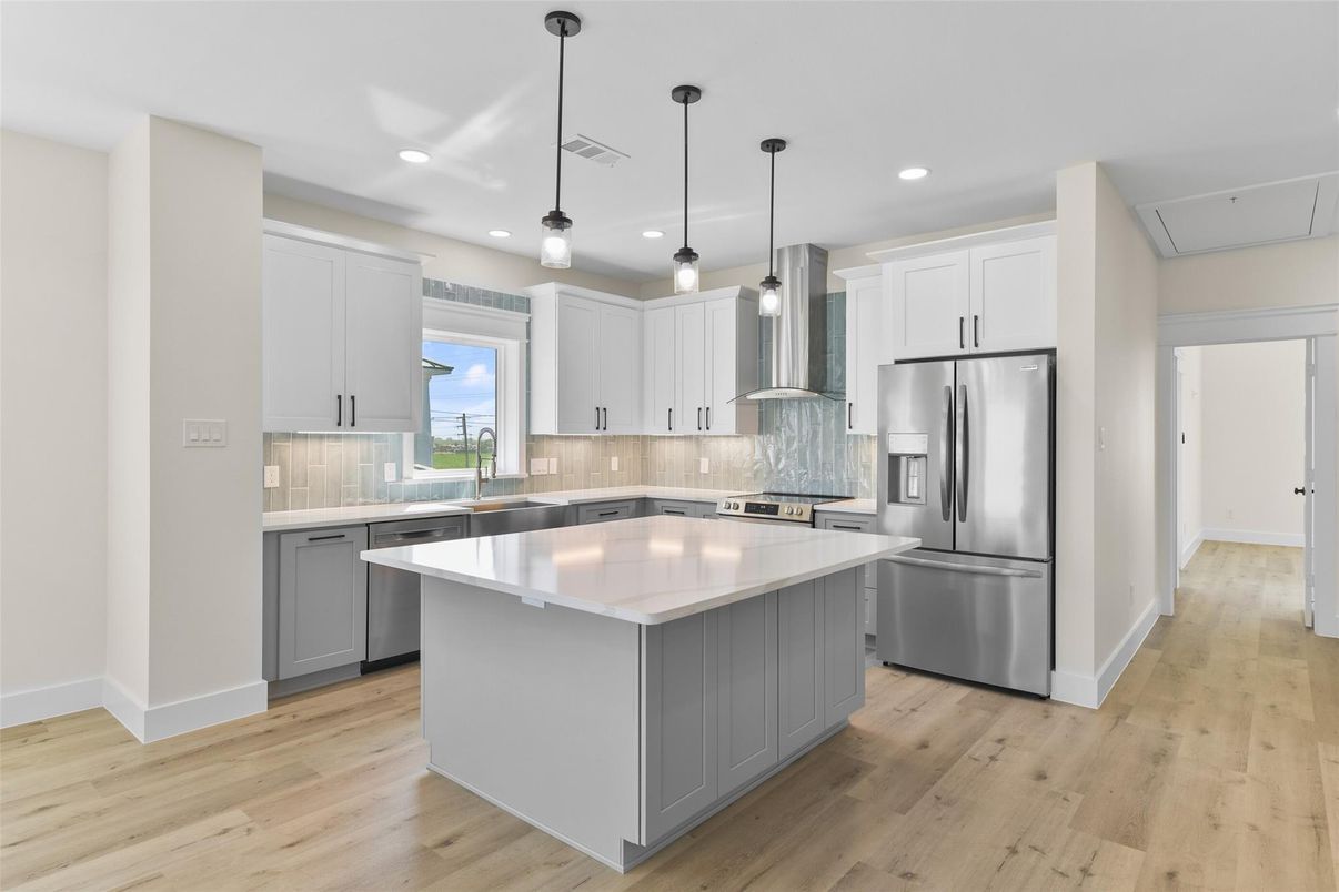 Interior, Kitchen, Pendant Lights, Recessed Lighting, Stainless Steel Appliances, Wood Texture Flooring