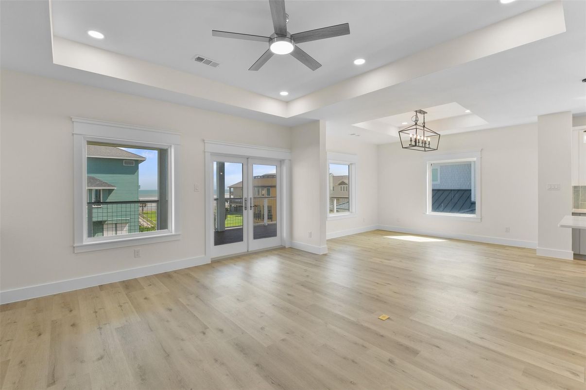 Empty room, Interior, Pendant Lights, Recessed Lighting, Wood Texture Flooring