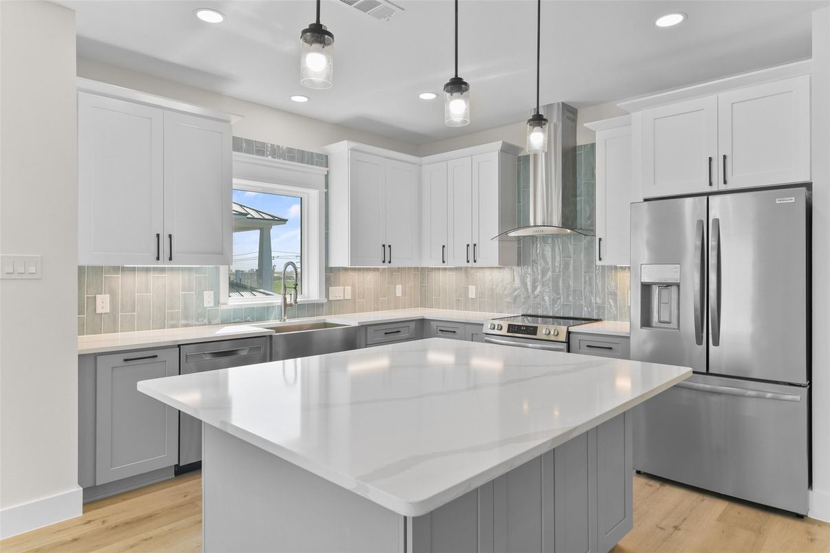 Interior, Kitchen, Pendant Lights, Recessed Lighting, Stainless Steel Appliances, Wood Texture Flooring