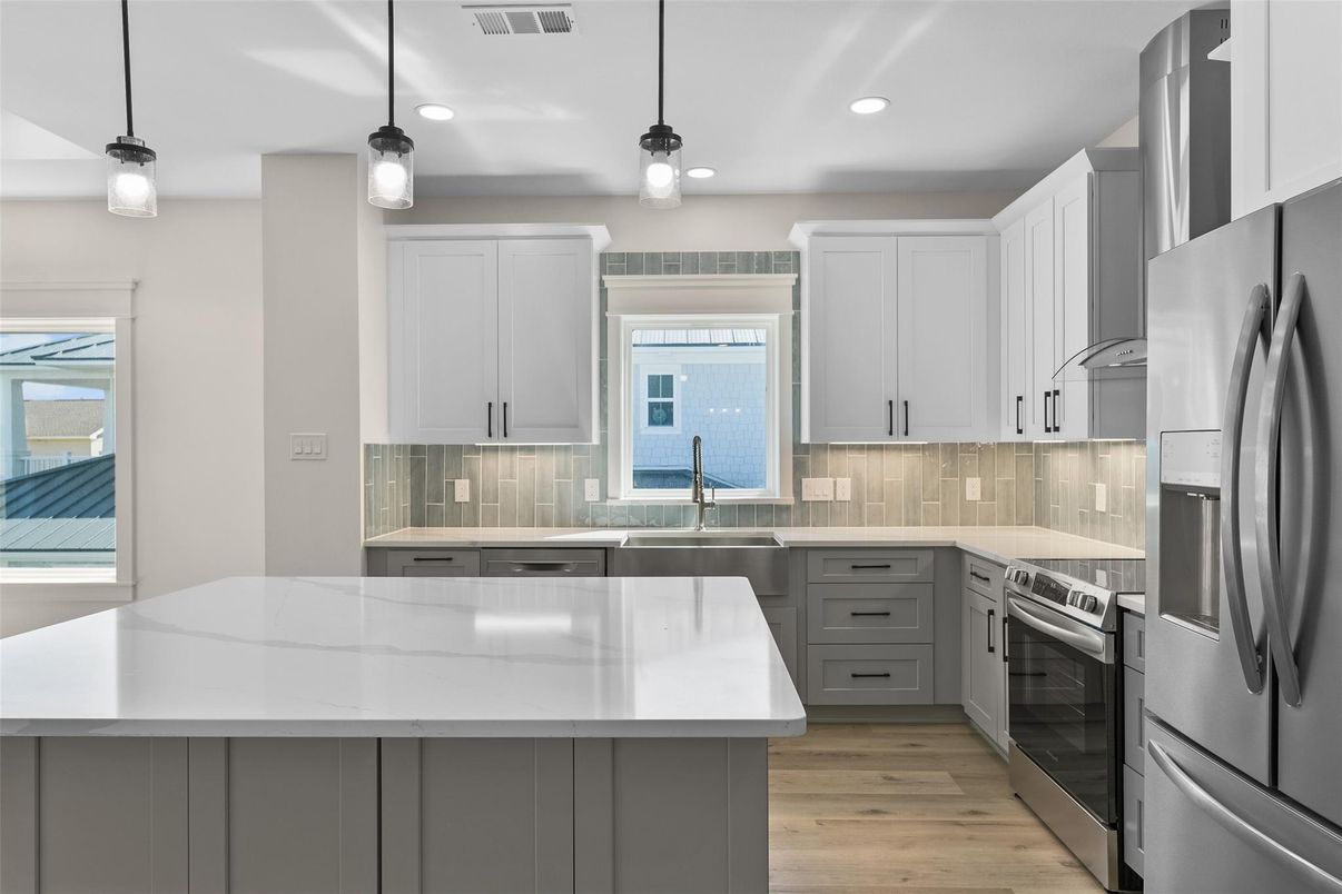 Interior, Kitchen, Pendant Lights, Recessed Lighting, Stainless Steel Appliances, Wood Texture Flooring