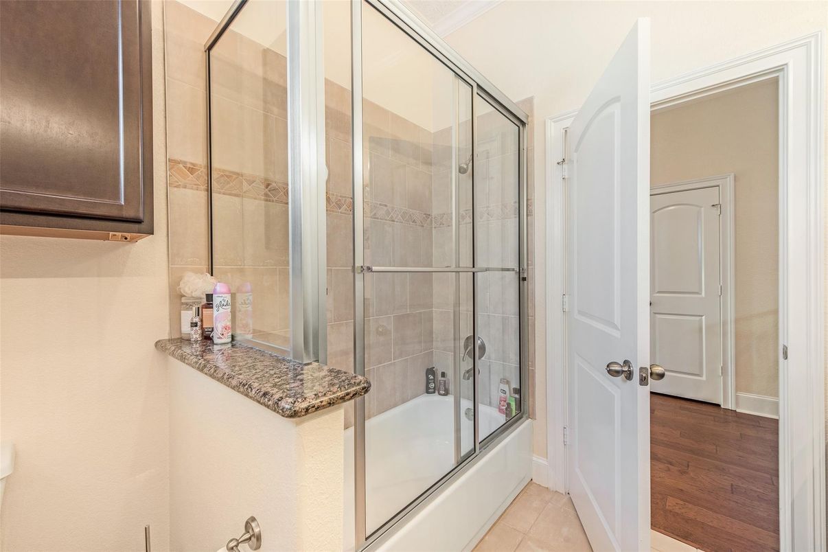 Bathroom, Glass Shower, Interior, Wood Texture Flooring