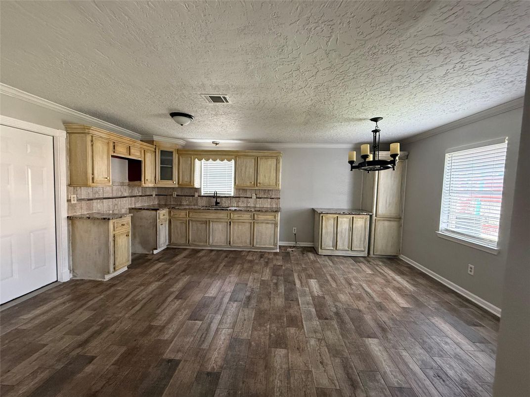 Chandelier, Empty room, Interior, Kitchen, Wood Texture Flooring