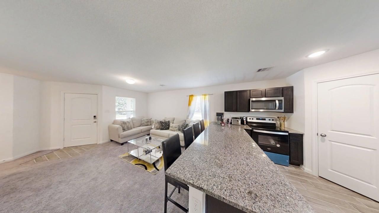 Interior, Kitchen, Living room, Recessed Lighting, Stainless Steel Appliances, Wood Texture Flooring