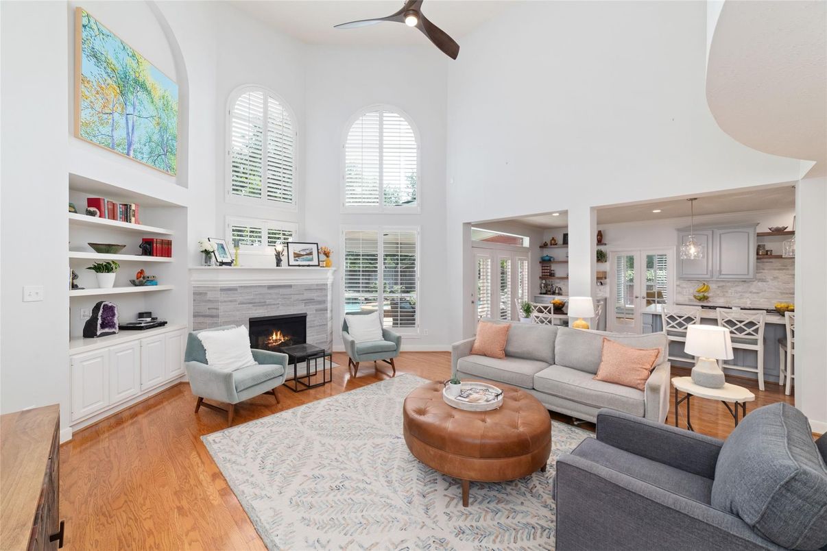 Fireplace, Interior, Kitchen, Living room, Pendant Lights, Recessed Lighting, Wood Texture Flooring