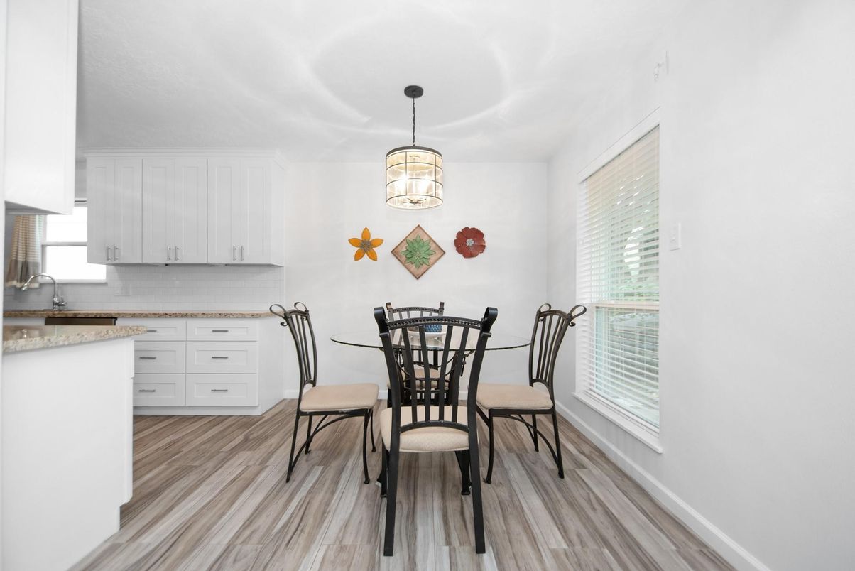 Dining room, Interior, Pendant Lights, Wood Texture Flooring