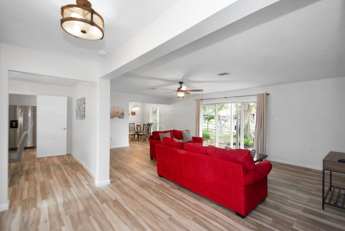 Dining room, Interior, Living room, Stainless Steel Appliances, Wood Texture Flooring