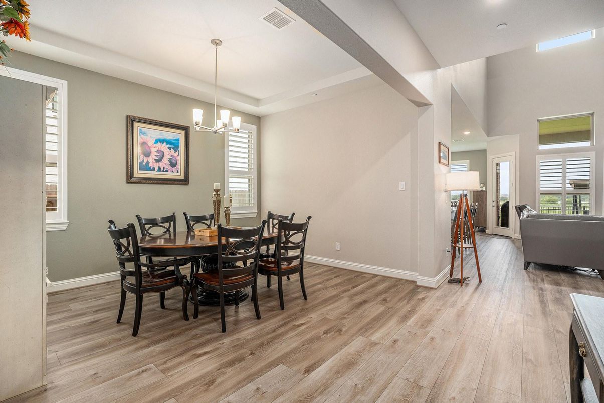 Dining room, Interior, Pendant Lights, Recessed Lighting, Wood Texture Flooring