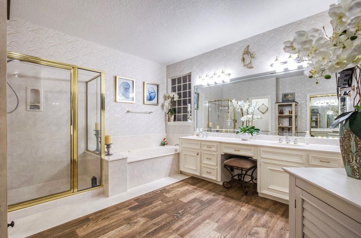 Bathroom, Glass Shower, Interior, Wood Texture Flooring