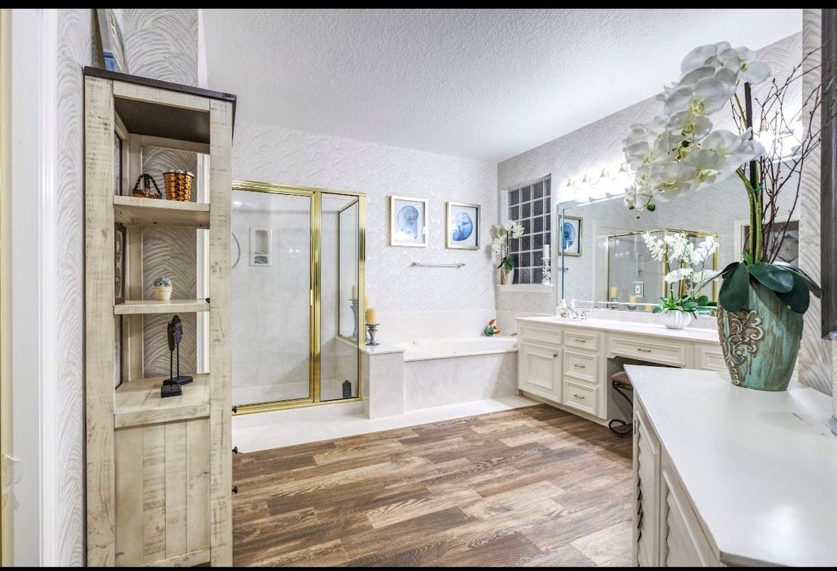 Bathroom, Glass Shower, Interior, Wood Texture Flooring