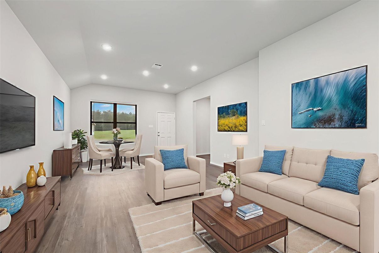 Dining room, Interior, Living room, Recessed Lighting, Wood Texture Flooring