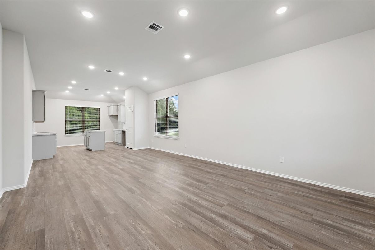 Empty room, Interior, Kitchen, Recessed Lighting, Wood Texture Flooring