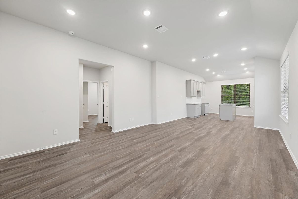 Empty room, Interior, Kitchen, Recessed Lighting, Wood Texture Flooring