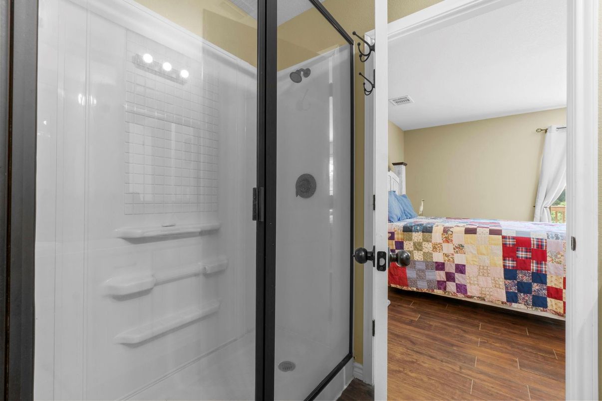 Bathroom, Bedroom, Glass Shower, Interior, Wood Texture Flooring