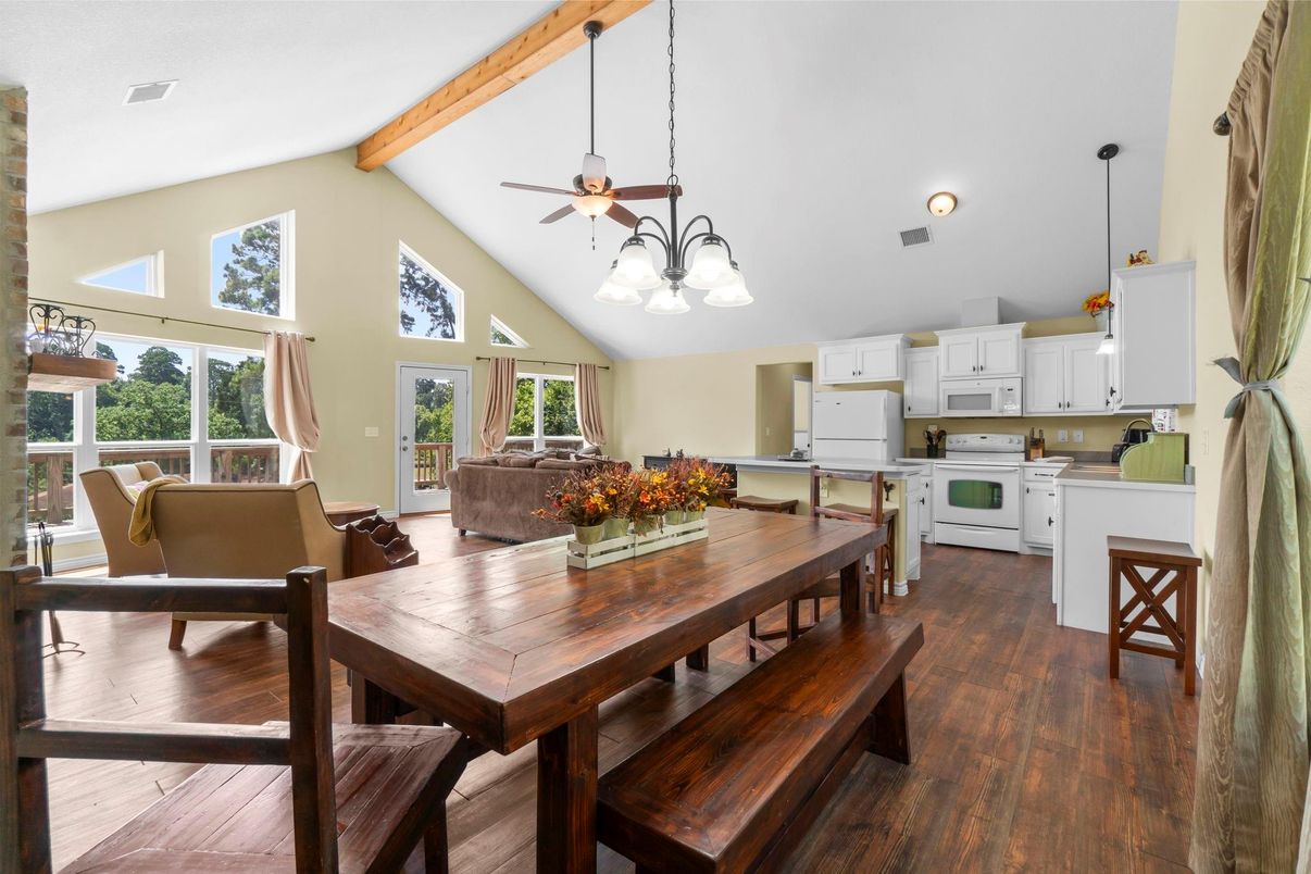 Dining room, Interior, Kitchen, Living room, Pendant Lights, Wooden Beams, Wood Texture Flooring