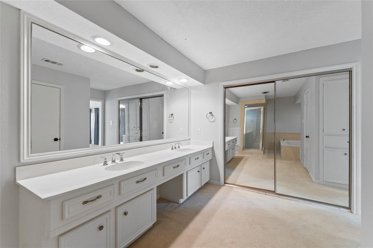 Bathroom, Dual Sink Vanities, Glass Shower, Interior, Recessed Lighting