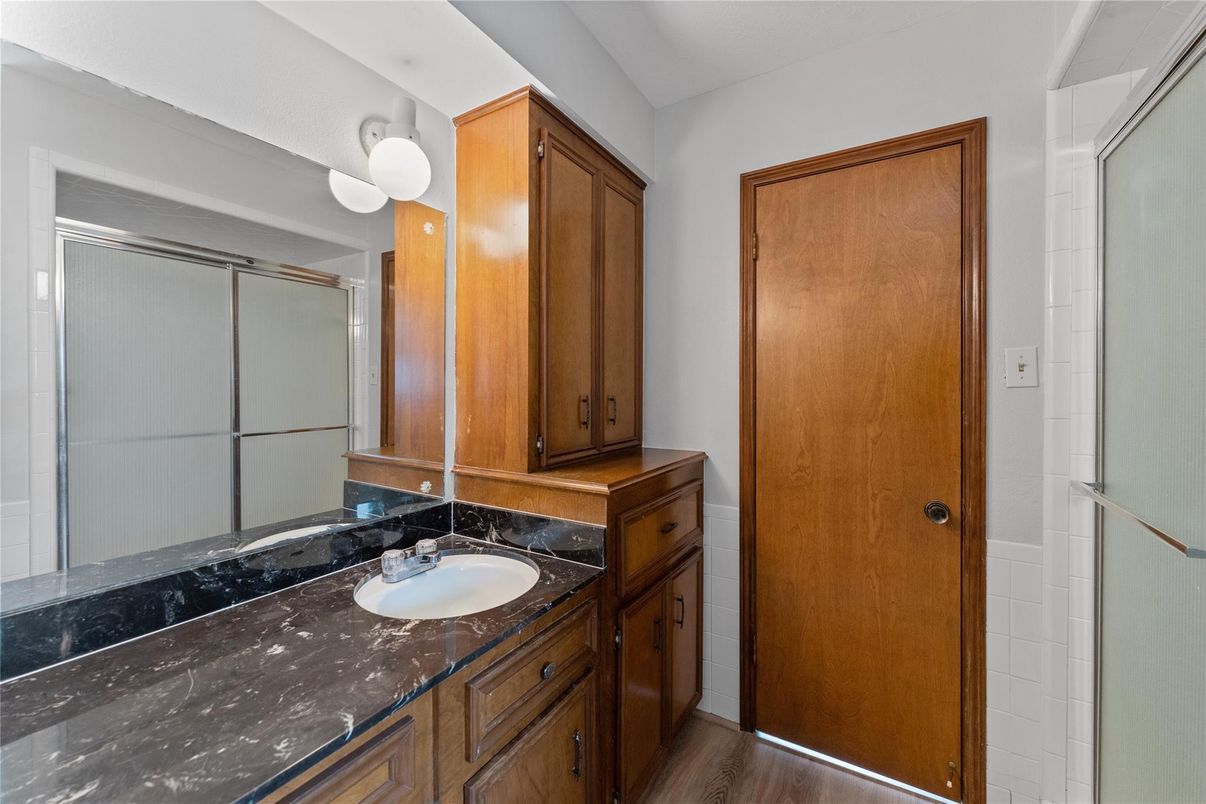Bathroom, Glass Shower, Interior, Wood Texture Flooring