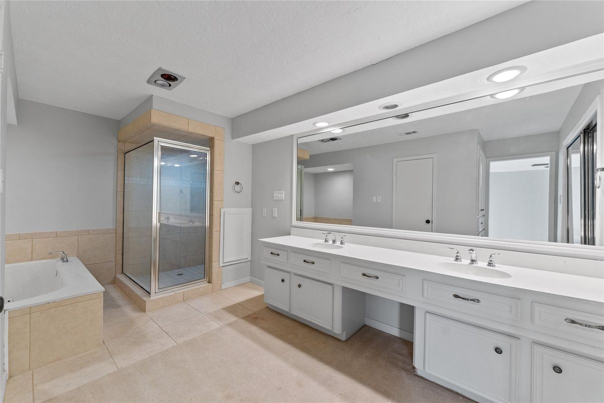 Bathroom, Dual Sink Vanities, Glass Shower, Interior, Recessed Lighting
