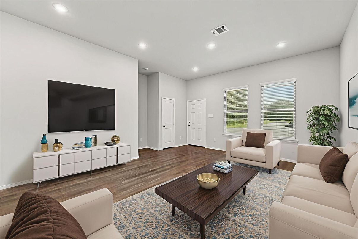 Interior, Living room, Recessed Lighting, Wood Texture Flooring