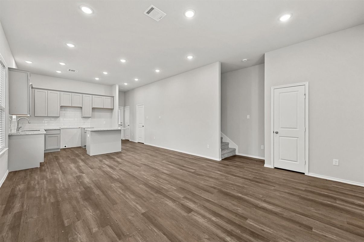 Empty room, Interior, Kitchen, Recessed Lighting, Wood Texture Flooring
