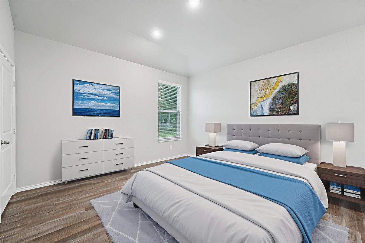 Bedroom, Interior, Recessed Lighting, Wood Texture Flooring