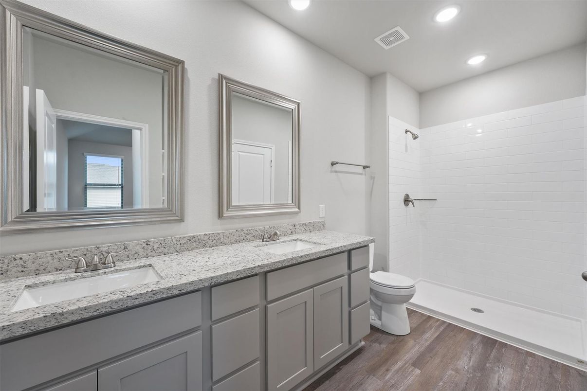 Bathroom, Dual Sink Vanities, Interior, Recessed Lighting, Wood Texture Flooring