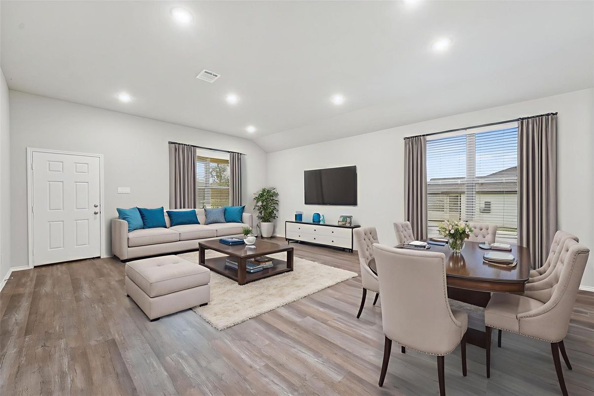 Dining room, Interior, Living room, Recessed Lighting, Wood Texture Flooring