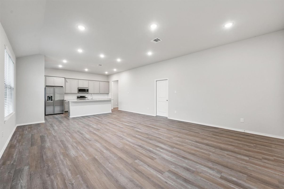 Empty room, Interior, Kitchen, Recessed Lighting, Wood Texture Flooring