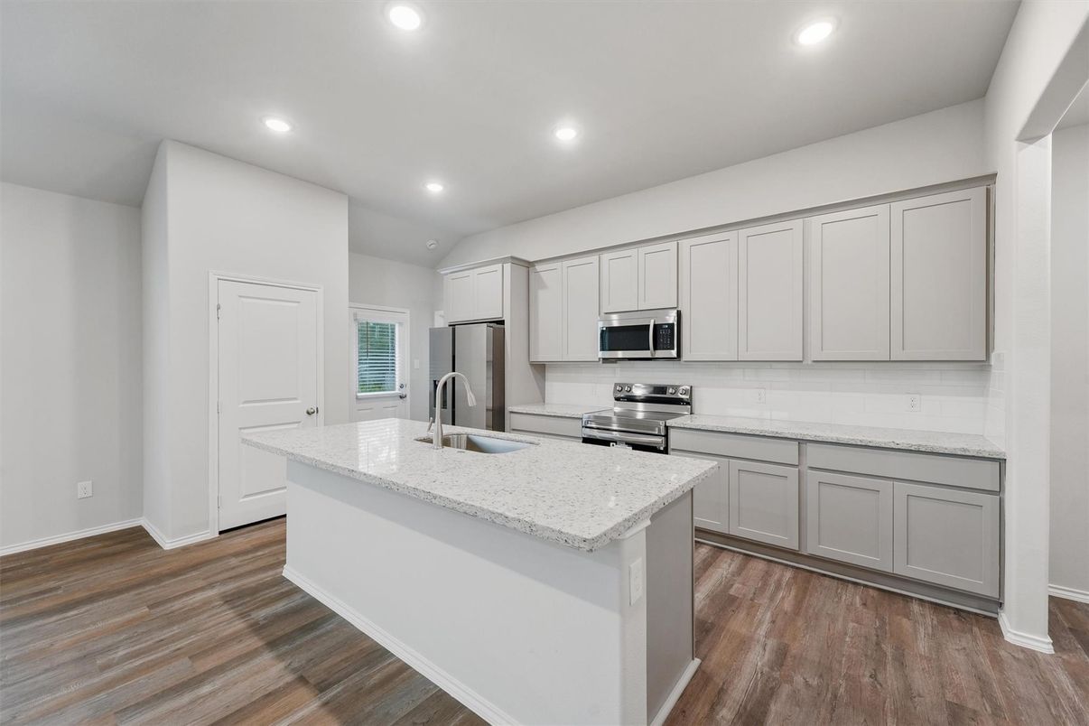 Interior, Kitchen, Recessed Lighting, Stainless Steel Appliances, Wood Texture Flooring