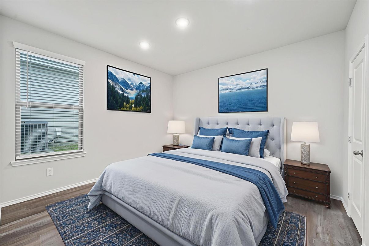 Bedroom, Interior, Recessed Lighting, Wood Texture Flooring