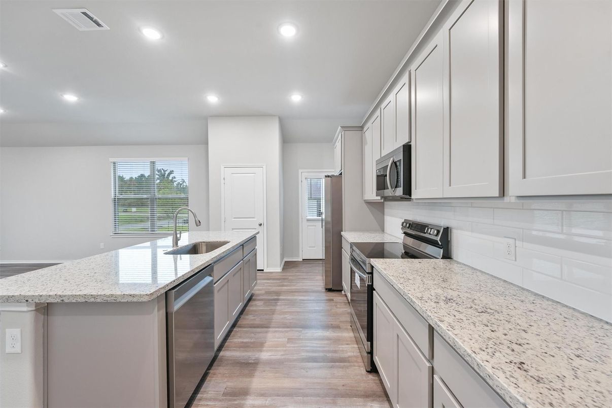 Interior, Kitchen, Recessed Lighting, Stainless Steel Appliances, Wood Texture Flooring