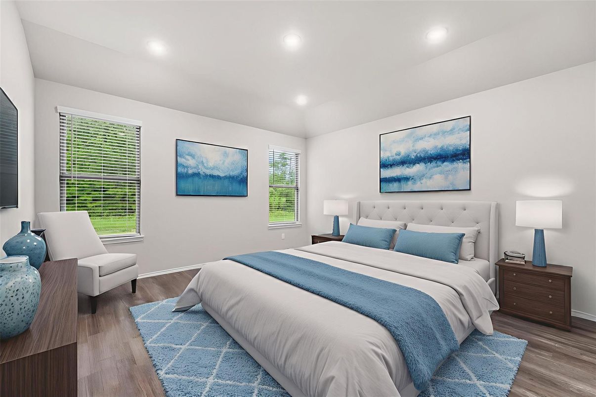 Bedroom, Interior, Recessed Lighting, Wood Texture Flooring