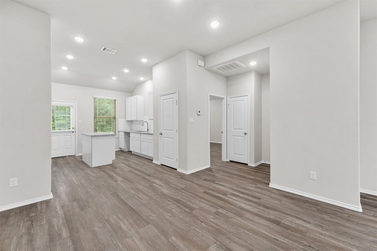 Empty room, Interior, Kitchen, Recessed Lighting, Wood Texture Flooring