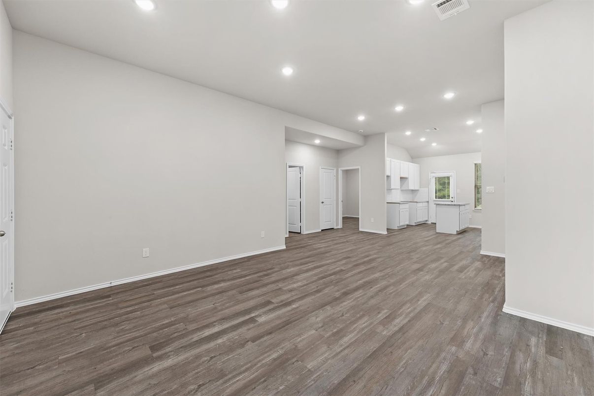 Empty room, Interior, Kitchen, Recessed Lighting, Wood Texture Flooring