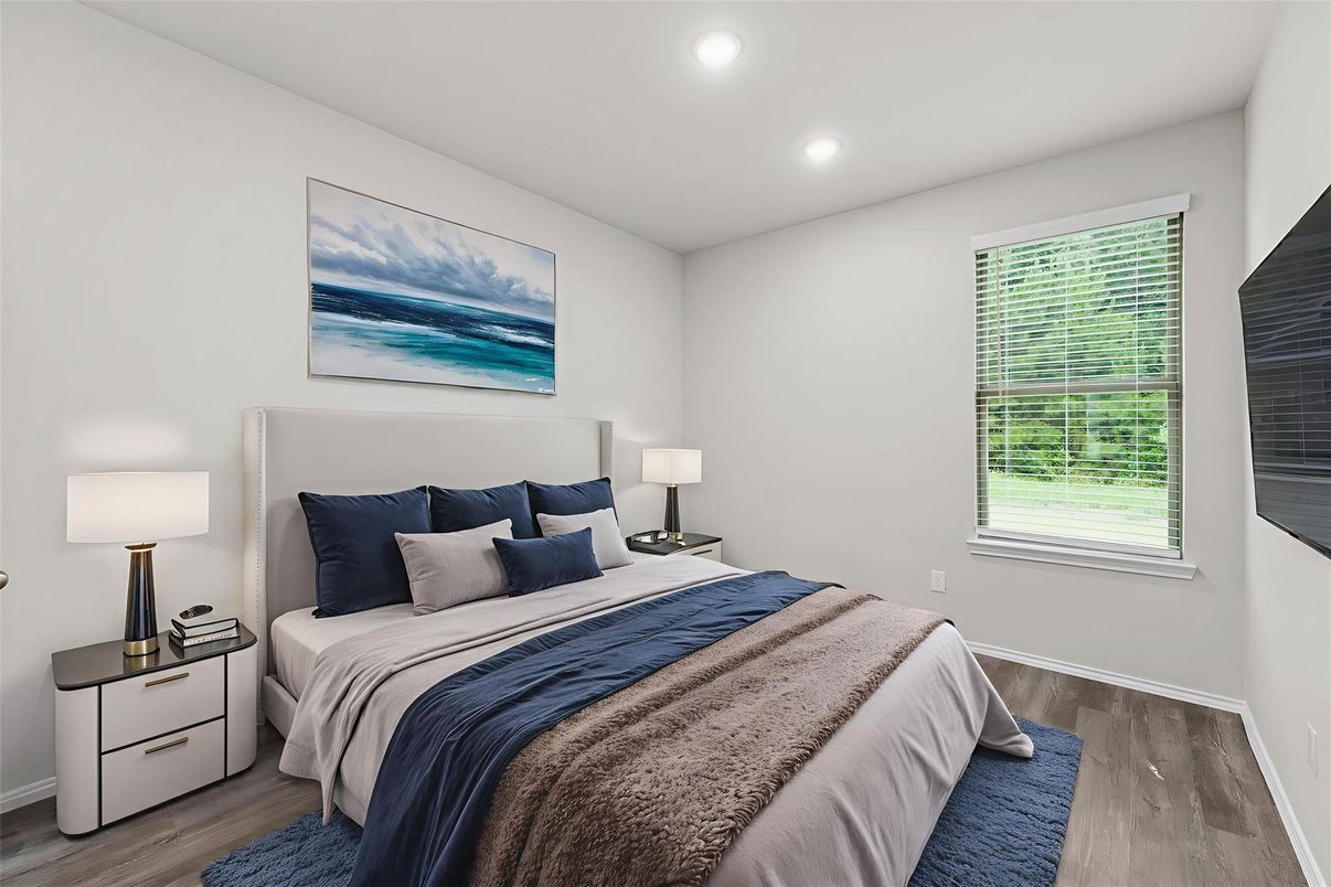 Bedroom, Interior, Recessed Lighting, Wood Texture Flooring